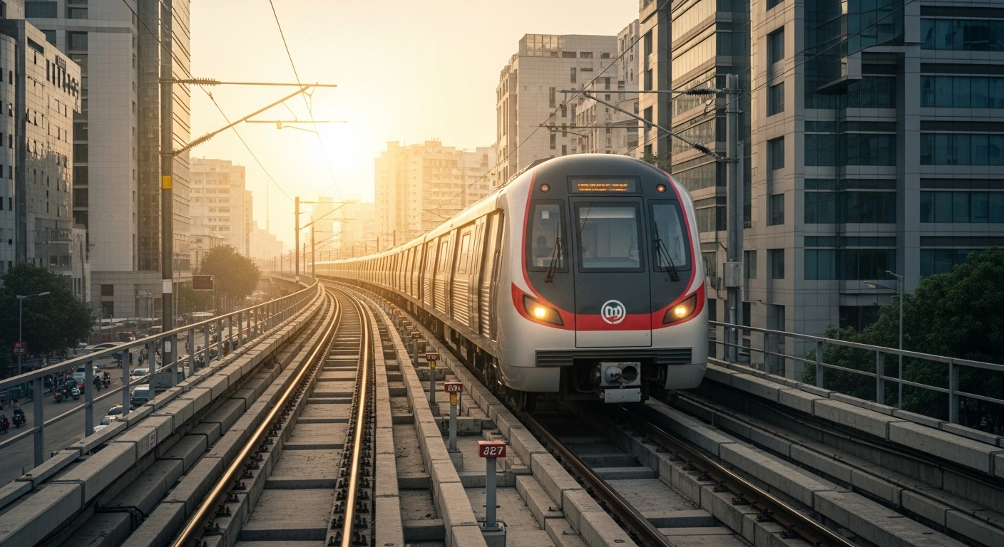 A modern metro train travels along an elevated track in a major Indian city, representing the expansion of the country's third-largest urban rail network.