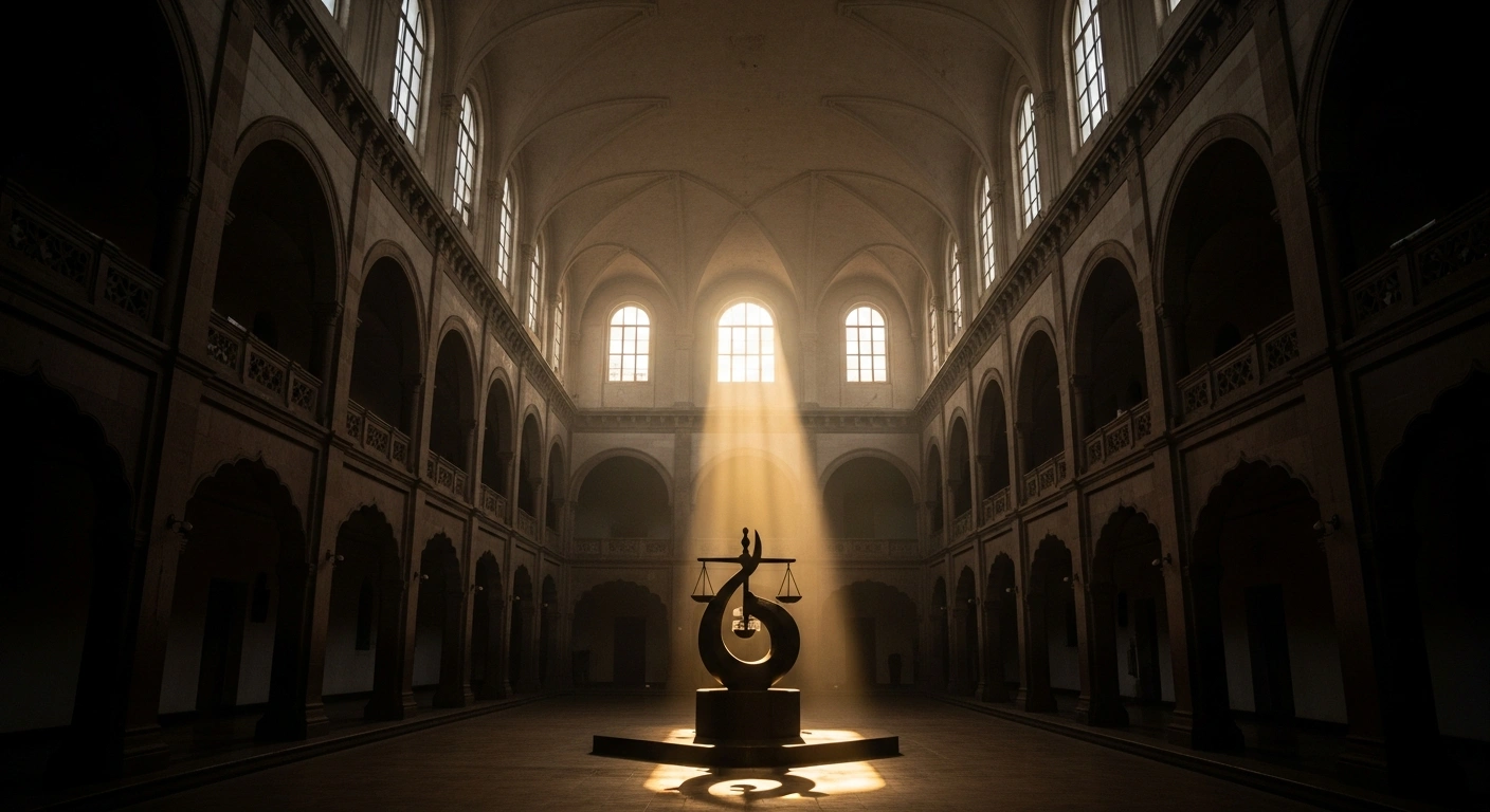 A low-angle view of a grand Indian university hall with soft light, where a central, abstract sculpture symbolizing justice is dramatically illuminated by a strong golden beam, representing new regulations from India's University Grants Commission to combat caste-based discrimination.