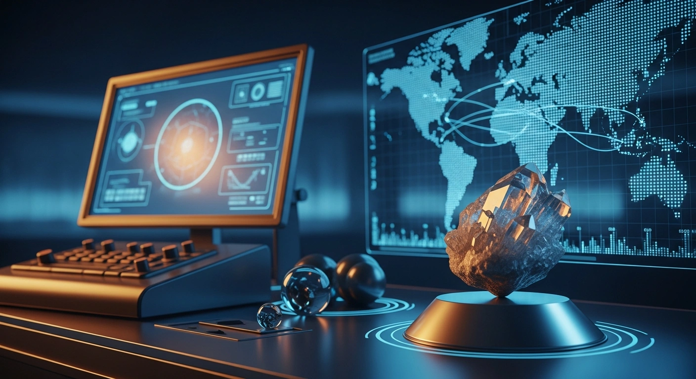 A glowing holographic map representing the India and United Kingdom critical minerals supply chain observatory sits next to a raw mineral specimen.