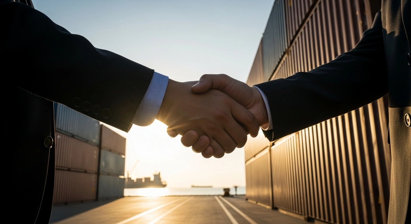A close-up of a firm handshake between two individuals representing India and the United Kingdom, symbolizing the new bilateral trade agreement and economic cooperation.