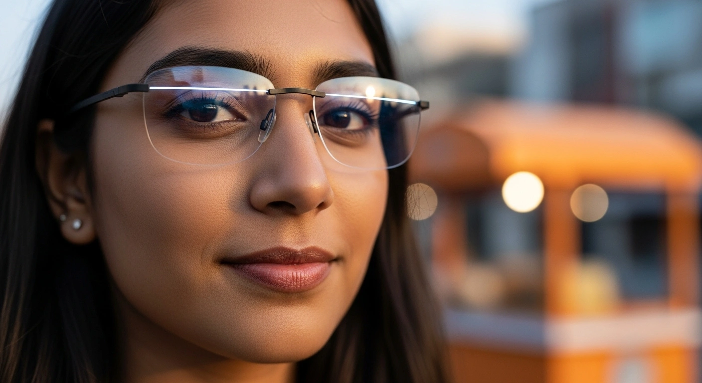 A young Indian woman wearing sleek smart glasses makes a secure, convenient UPI digital payment using biometric eye recognition, reflecting India's advanced financial inclusion initiatives launched by NPCI and RBI.