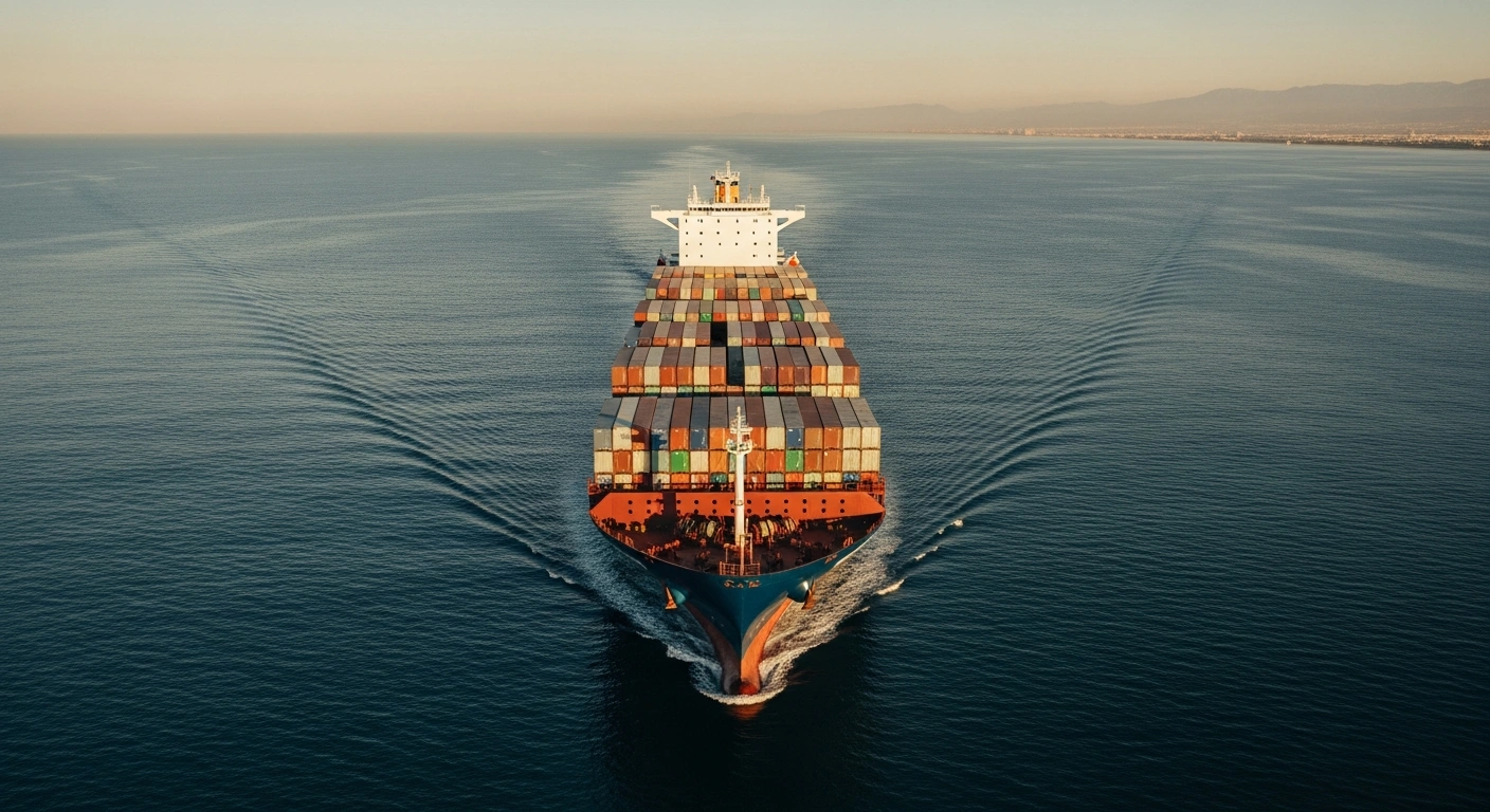 A large commercial cargo ship sails through the Strait of Hormuz as India calls for the protection of maritime trade routes and seafarers.