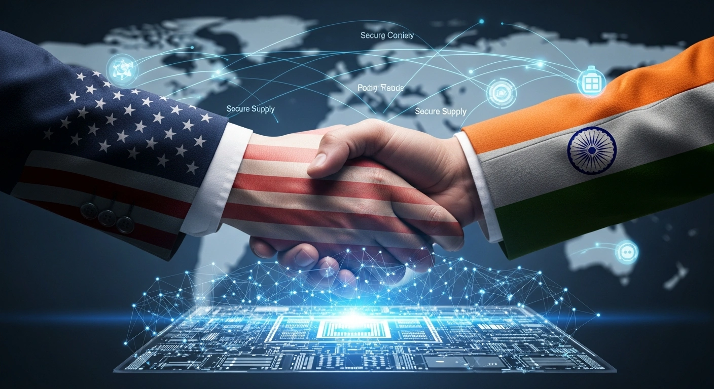 Two hands, one representing the United States and the other India, are clasped in a firm handshake over a glowing holographic projection of a silicon wafer, symbolizing their strategic alliance in the US-led Pax Silica Alliance to secure global AI and semiconductor supply chains.