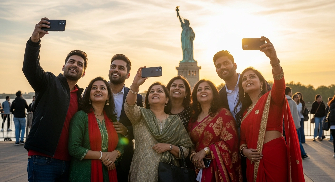 A diverse group of Indian tourists, including families and young couples, are seen joyfully taking photos in front of the Statue of Liberty during golden hour, symbolizing India's emergence as the second-largest overseas source market for US tourism by 2025 with over two million travelers.