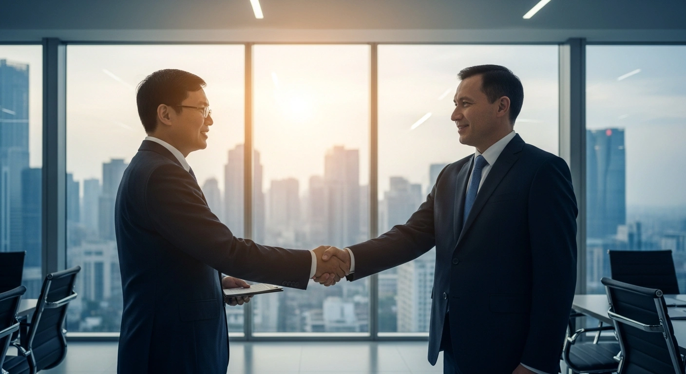Indian and American officials shake hands in a modern office to symbolize the finalization of an interim trade agreement between India and the United States.