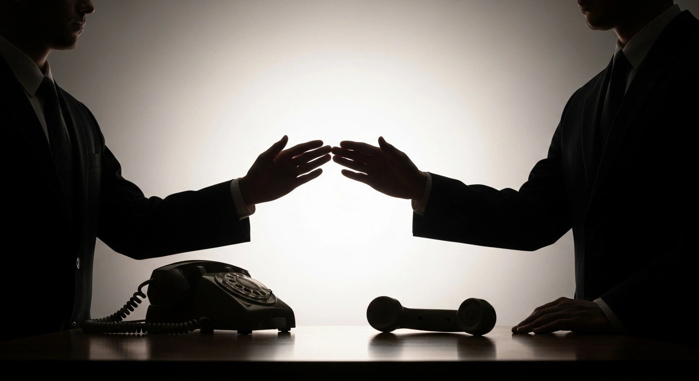 A dramatic, low-angle image depicts two silhouetted figures with hands reaching but not touching, symbolizing a stalled India-US trade deal, with a vintage rotary phone prominently placed in the foreground, representing the disputed communication between leaders amidst trade negotiations.