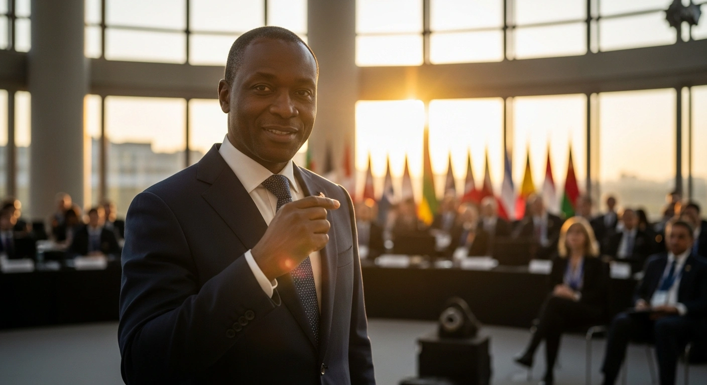 Mukesh Aghi, President and CEO of the US-India Strategic Partnership Forum, stands confidently in a modern, sunlit conference hall, gesturing optimistically as he announces the nearing finalization of India-US trade talks and a broader strategic partnership.