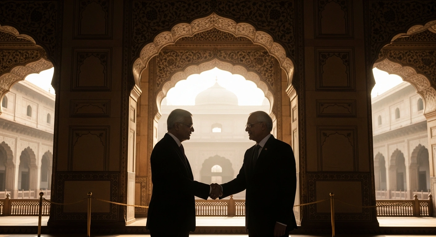 Uzbekistan Foreign Minister Bakhtiyor Saidov shakes hands with an Indian official during a diplomatic meeting in New Delhi to strengthen strategic partnerships.