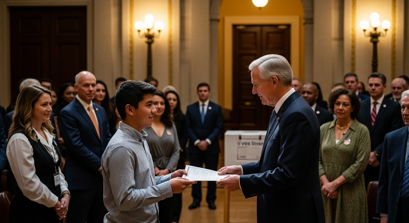 President Droupadi Murmu is depicted in a grand hall in New Delhi, presenting an official document, likely an EPIC card, to a new voter during India's 16th National Voters' Day celebration, with a diverse audience observing the event.