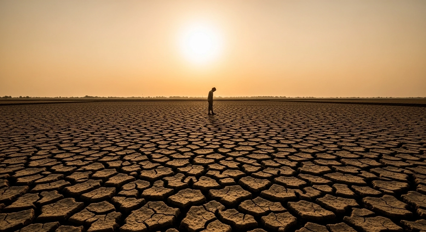 A wide, low-angle shot of a vast, parched Indian landscape with deep, sun-baked cracks under a searing sun, symbolizing India's nearly 0.9°C temperature increase and intensified extreme weather events.