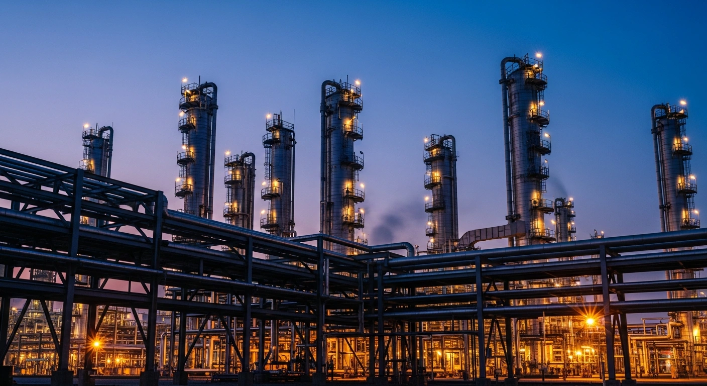 A large industrial oil refinery complex stands under a twilight sky, representing the Indian government's recent adjustments to windfall taxes on petrol, diesel, and aviation fuel.