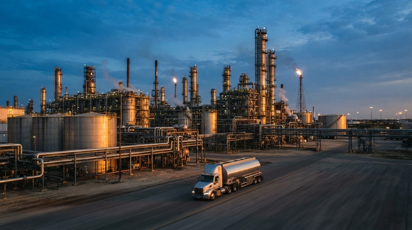 A large industrial oil refinery at sunset represents the Indian government's reduction of windfall taxes on exported petrol, diesel, and aviation turbine fuel.
