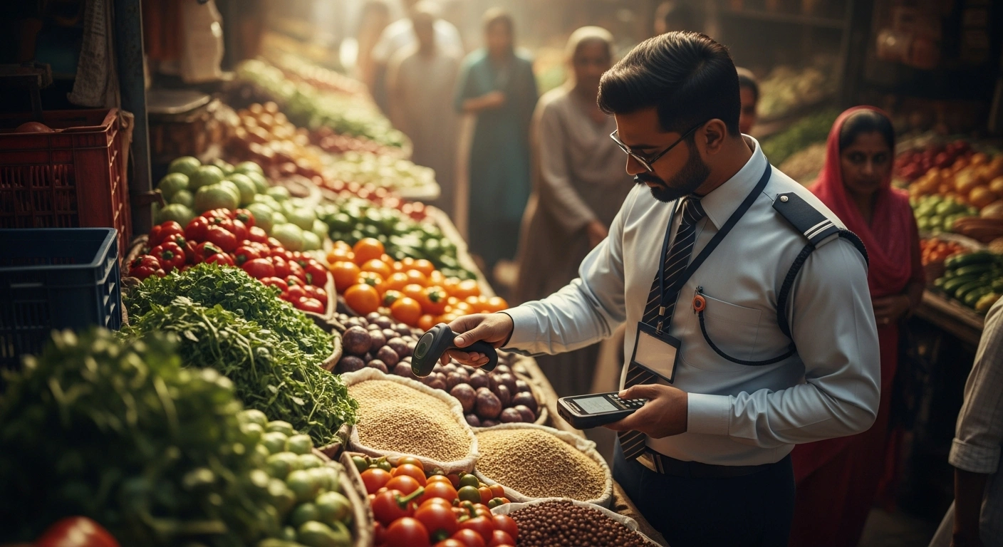 A health official inspects fresh produce at an Indian market during a World Food Safety Day campaign to promote hygiene and nutrition.