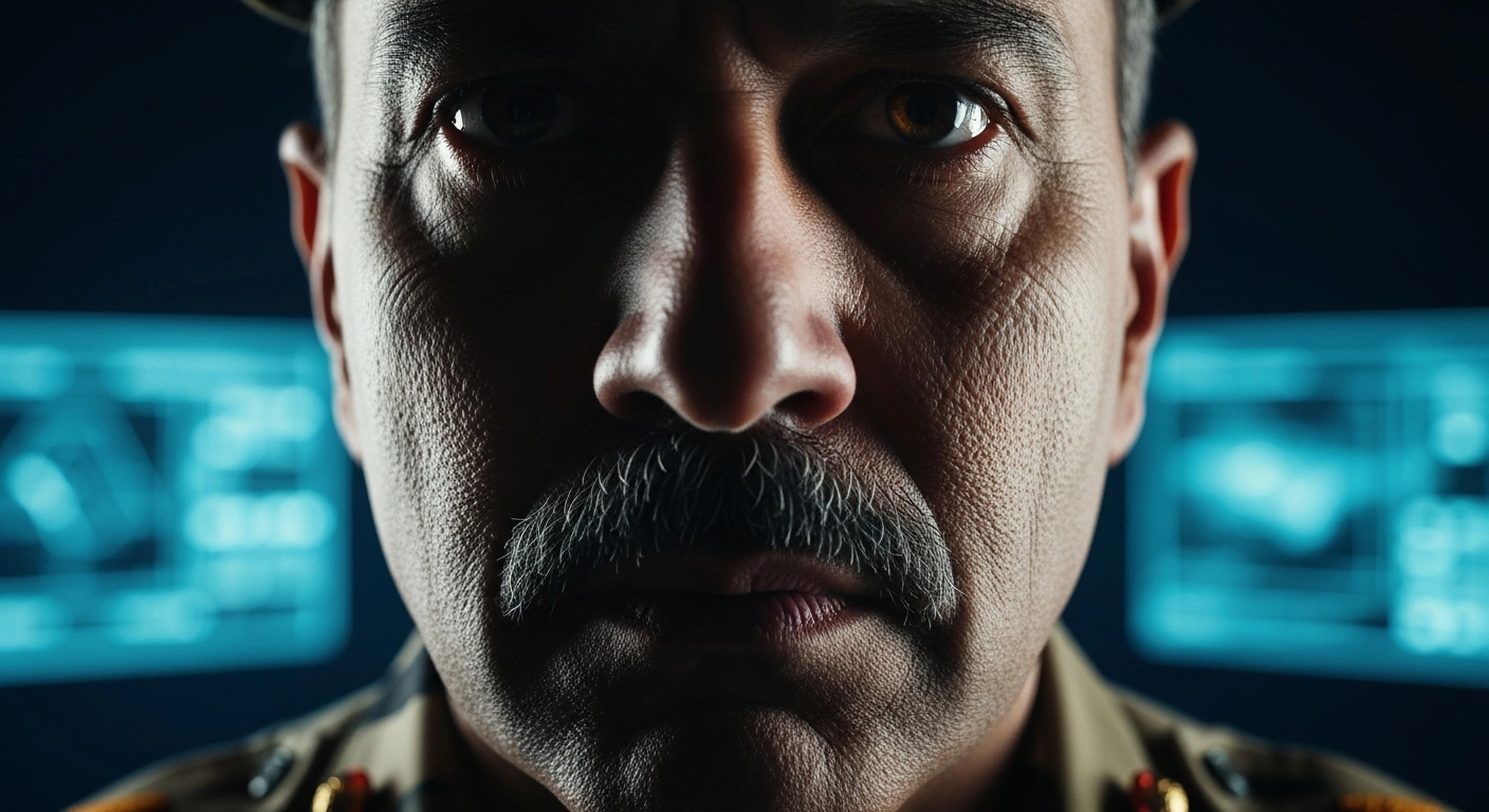 A stern-faced Indian Army General is depicted in a dramatic close-up within a dimly lit, high-tech command center, symbolizing India's readiness for decisive military action against cross-border terrorism and its sponsors.