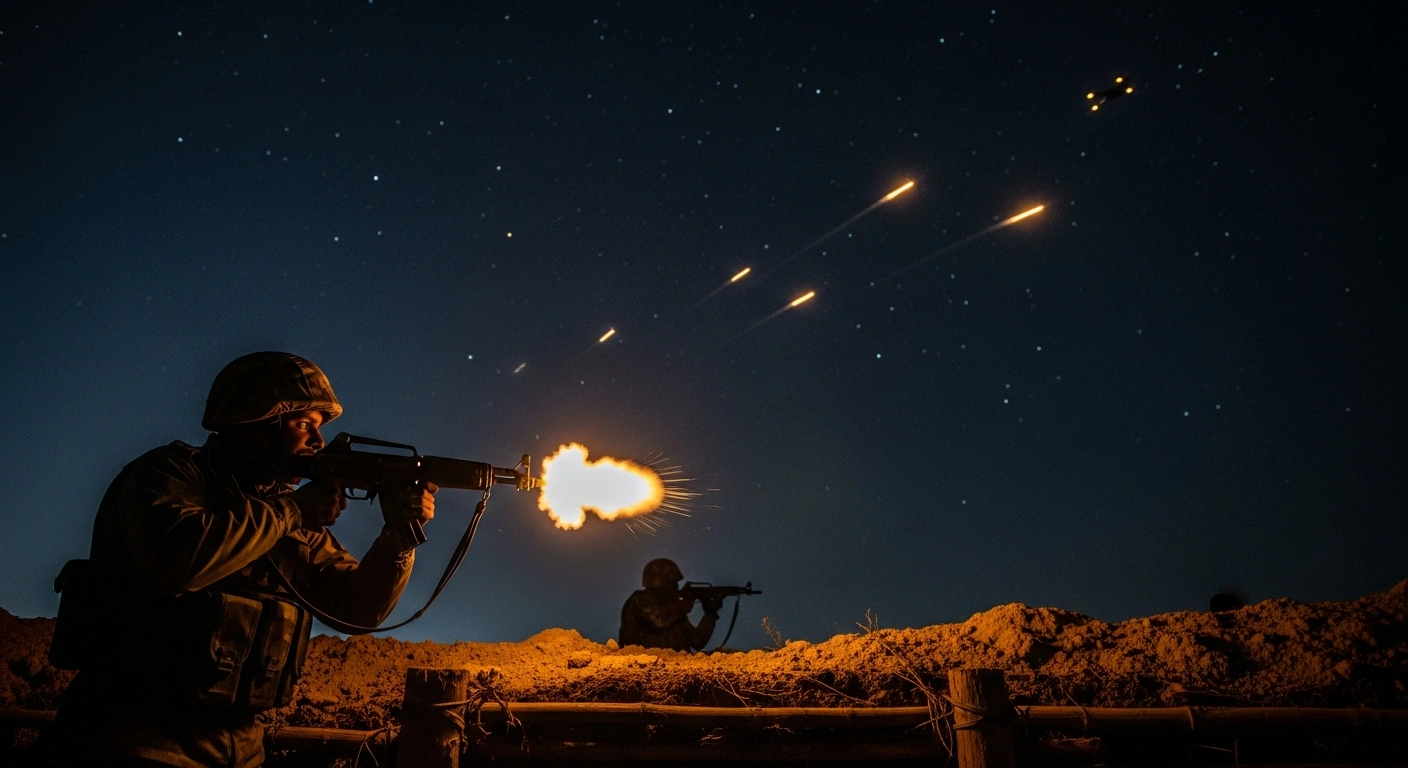 Indian Army soldiers fire tracer rounds into the night sky along the Line of Control in Jammu and Kashmir, responding to suspected Pakistani drone intrusion attempts.