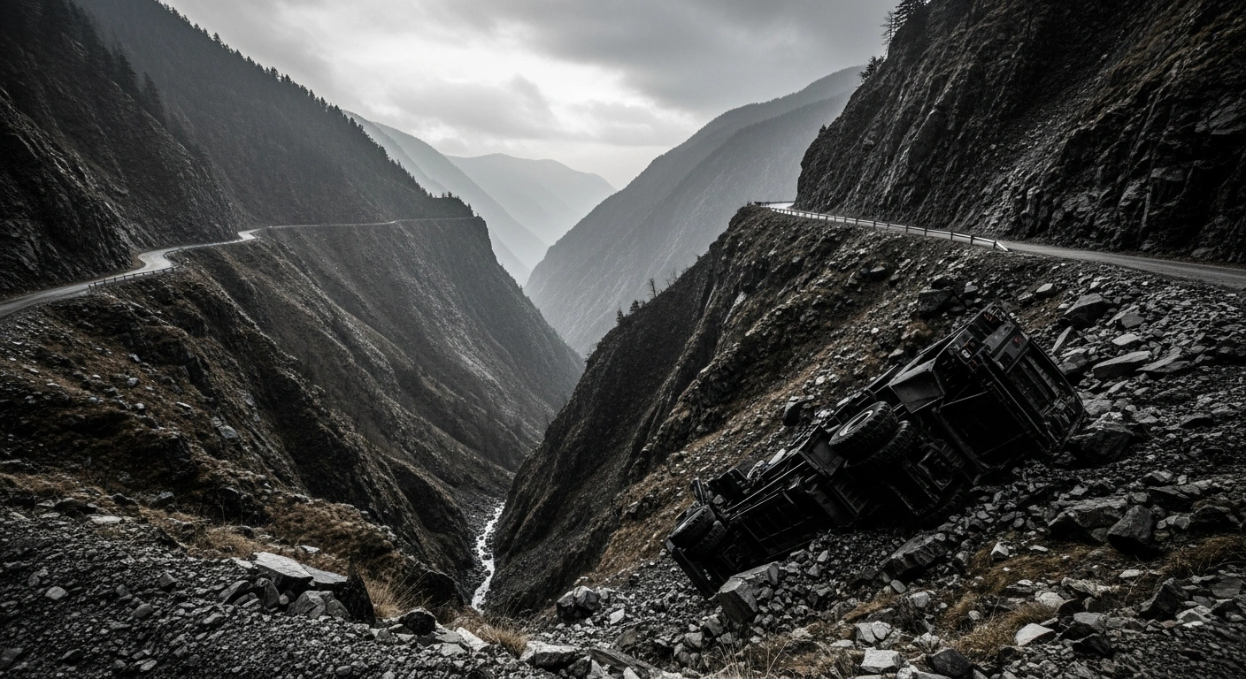 A wide shot depicts the mangled wreckage of an Indian Army bulletproof vehicle at the bottom of a deep, rocky gorge in Jammu and Kashmir, following a fatal accident on a treacherous mountain road.