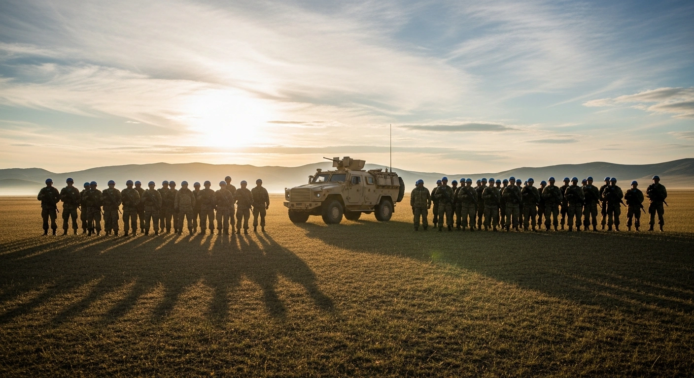 An Indian Army contingent stands in formation with multinational forces during the Khaan Quest 2026 peacekeeping exercise in the Mongolian landscape.
