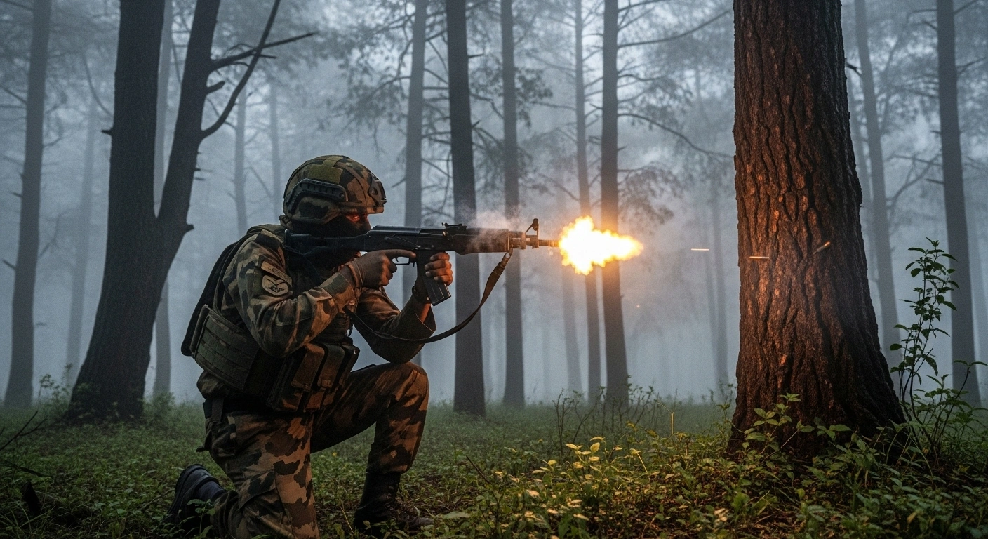An Indian Army commando, clad in tactical gear, crouches with his weapon raised amidst dense, mist-shrouded pine trees in the Keshwan forest, with muzzle flash and smoke indicating an ongoing exchange of fire during an intelligence-based anti-militancy operation in Kishtwar, Jammu and Kashmir.