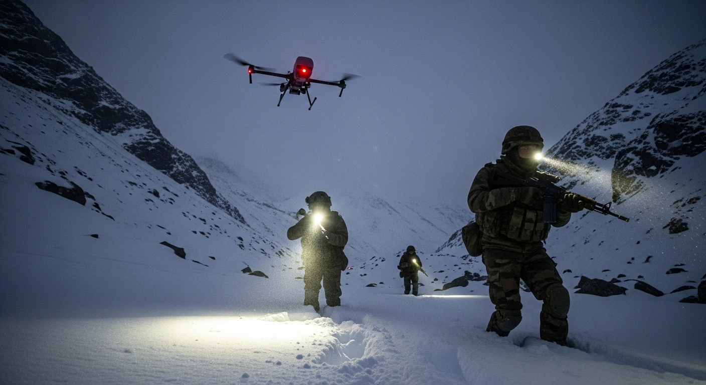An elite Indian Army counter-terrorism unit, clad in winter camouflage, moves through a snow-laden mountain pass in Kishtwar, Jammu and Kashmir, under pre-dawn light, with a thermal drone providing overhead surveillance during 'Chillai Kalan' operations.