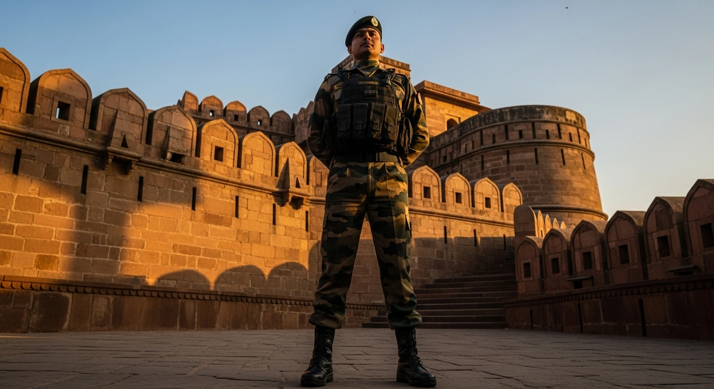 An Indian Army soldier stands in a modern uniform at a historic site, representing the force's transition toward indigenous identity and contemporary values.