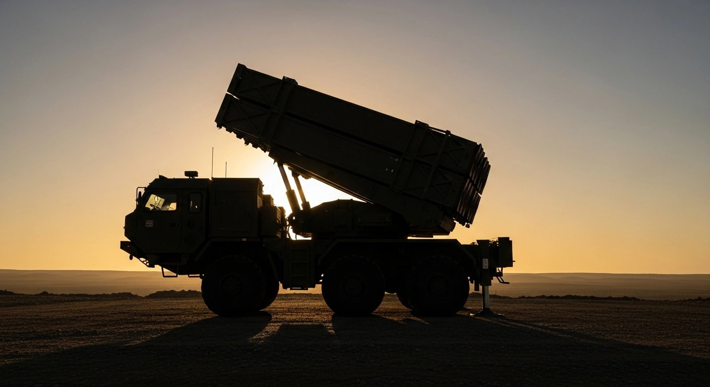 An advanced multi-calibre rocket launcher system, similar to the Suryastra, stands ready at dawn in an arid landscape, highlighting the Indian Army's boosted deep-strike capabilities from its new contract.