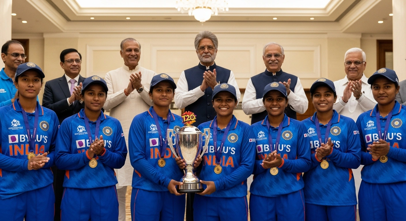 The victorious Indian Blind Women's Cricket Team, holding their T20 World Cup trophy, is felicitated by officials, including Honorary Treasurer Raghuram Bhat, at the BCCI headquarters in Mumbai.