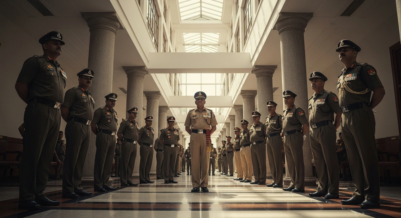 High-ranking Indian paramilitary officers stand in a government building following the passage of the Central Armed Police Forces General Administration Bill.