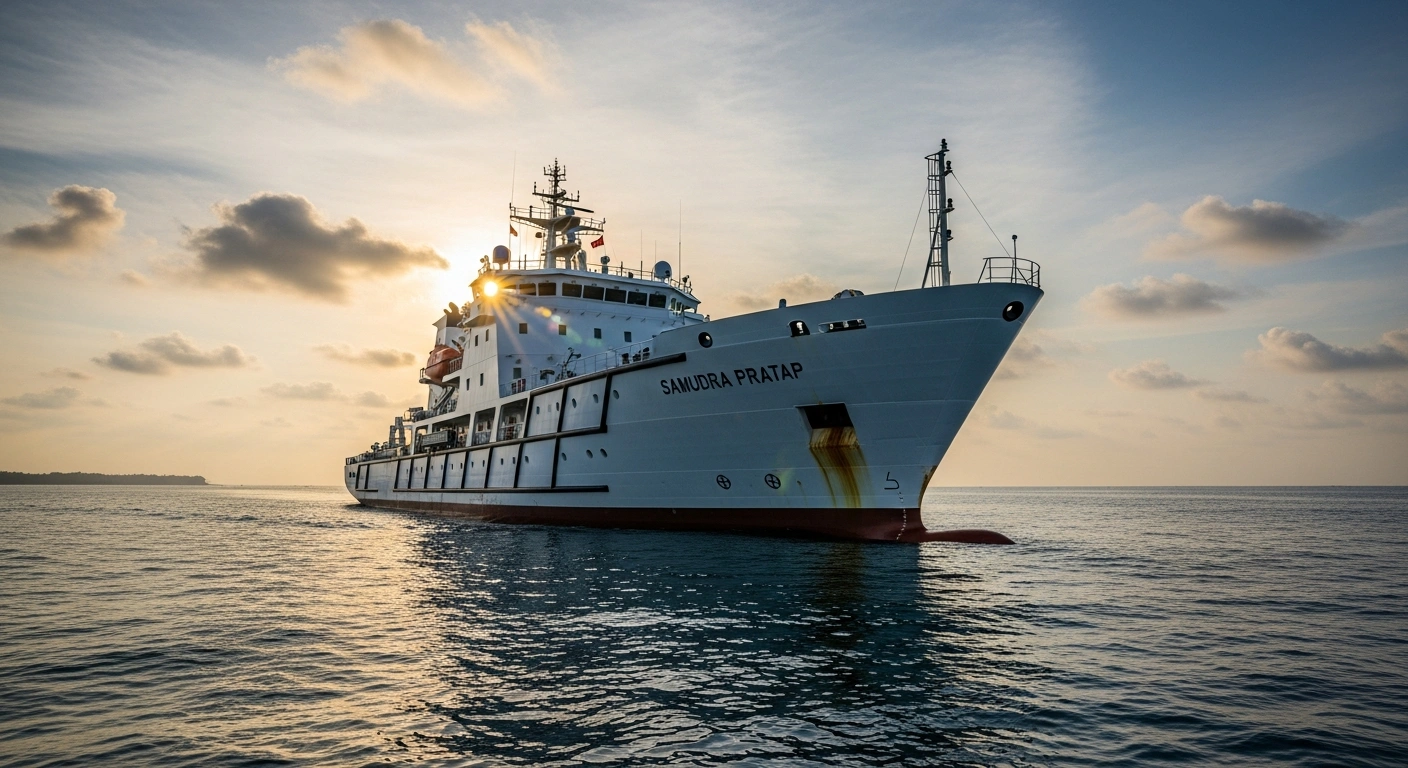The Indian Coast Guard's new pollution control vessel, 'Samudra Pratap', is depicted at sea during sunrise, showcasing its powerful design and readiness for maritime safety and environmental protection, commissioned by Defence Minister Rajnath Singh in Goa.