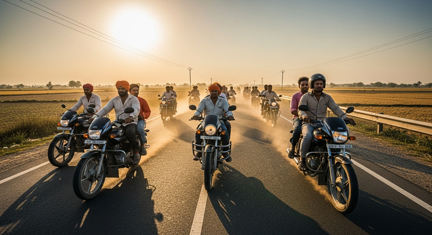 Indian farmers participate in a motorcycle rally to protest the proposed trade agreement between India and the United States.