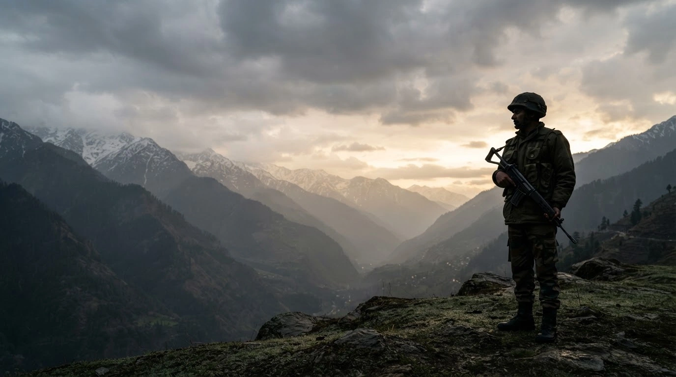 An Indian security forces soldier stands guard in the rugged Pir Panjal mountains of Jammu and Kashmir following a successful counter-insurgency operation.