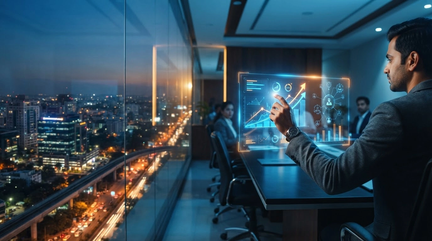 A professional in a modern office uses a holographic interface to analyze performance metrics as Indian IT firms shift toward outcome-based service models.