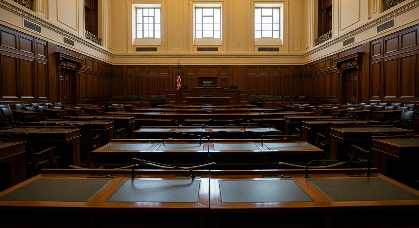 The interior of the Indian Lok Sabha chamber is shown with empty seats following the decision to revoke the suspension of eight opposition members.