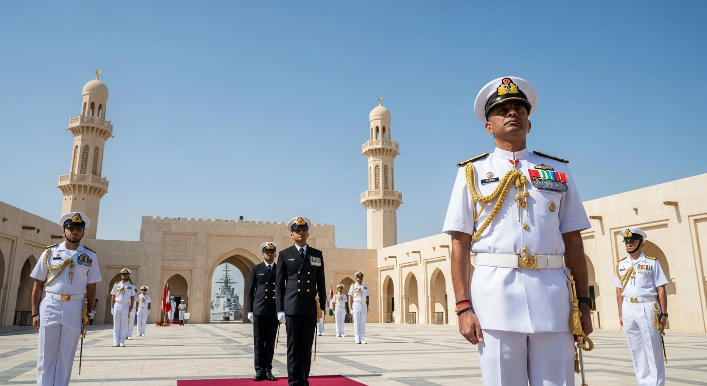 A formal naval ceremony in Manama, Bahrain, showing Commodore Milind M Mokashi of the Indian Navy assuming command of Combined Task Force 154 (CTF 154) from the Italian Navy, marking India's first leadership role in a Combined Maritime Forces (CMF) task force.
