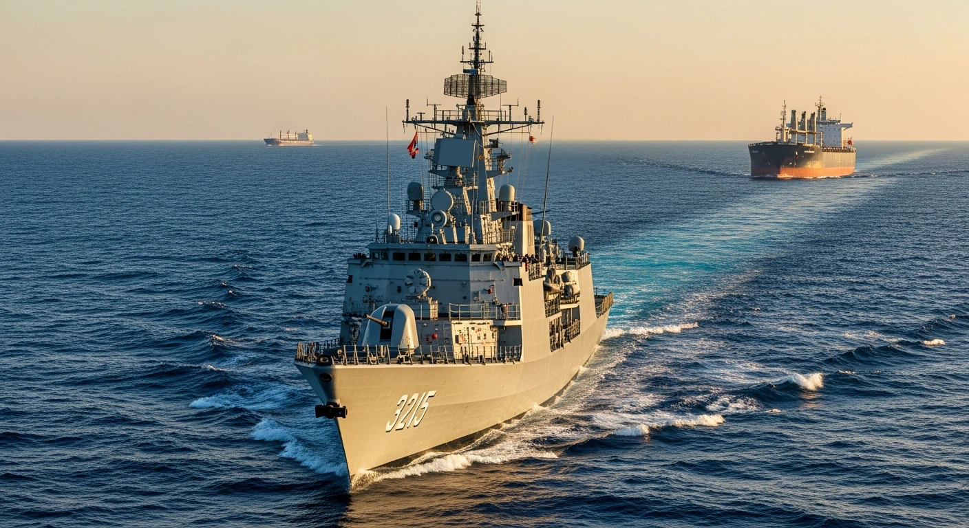 An Indian Navy warship patrols the Gulf of Oman to provide security for a merchant vessel during Operation Sankalp.