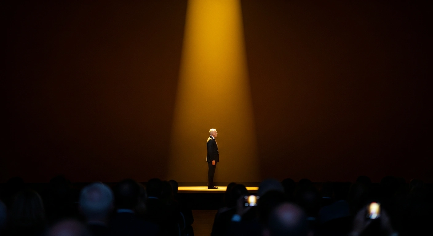 A distinguished individual stands on an opulent stage, illuminated by a warm golden spotlight with a subtle patriotic glow in the background, symbolizing an honoree at the CNN-News18 'Indian of the Year' Awards.