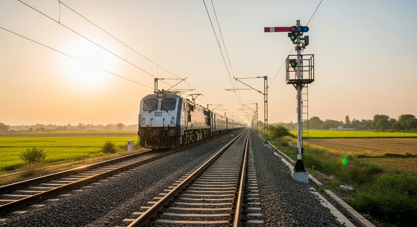 A modern Indian Railways train travels along a track equipped with the Kavach collision avoidance system on the route between Prayagraj and Kanpur.