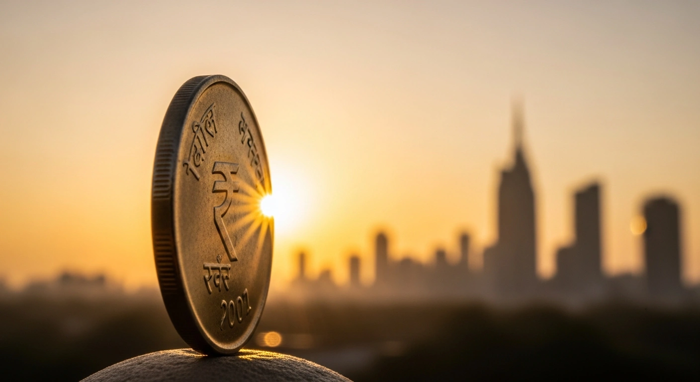 A close-up, low-angle shot of a gleaming Indian Rupee coin catching the golden light of a sunrise, with a blurred modern Indian city skyline in the background, symbolizing the rupee's appreciation driven by foreign fund inflows, a buoyant stock market, and stable crude oil prices, reflecting increased investor confidence.