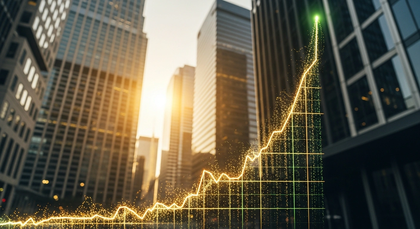 A glowing digital stock market graph shows an upward trend against the backdrop of a modern financial district during a sunrise.