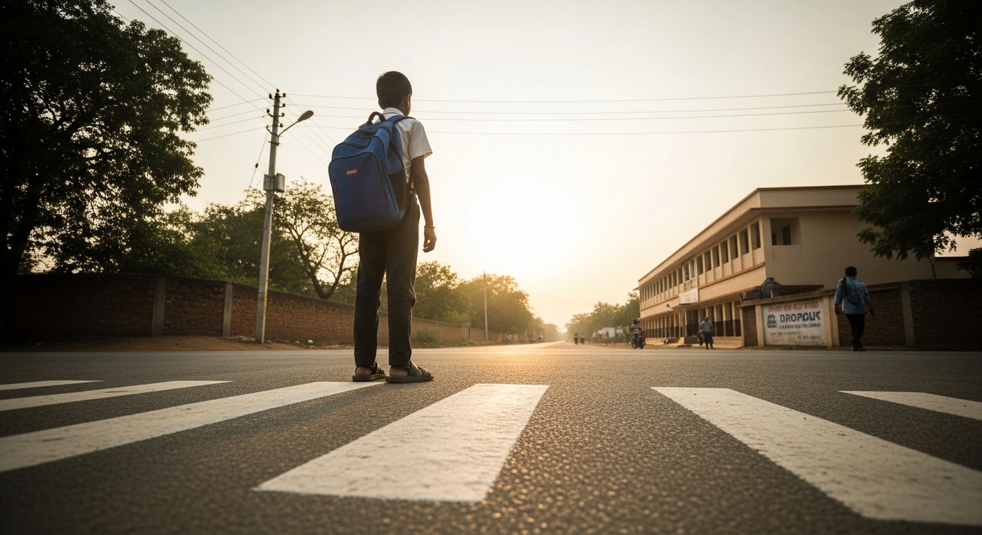 A young student stands at a crossroads in India, symbolizing the need for improved educational retention and unified regulatory standards.