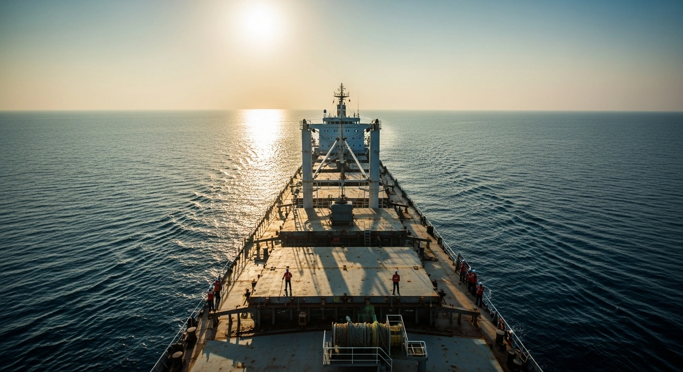 An Indian cargo vessel sails through the Persian Gulf as the government monitors the safety of maritime personnel during regional tensions.