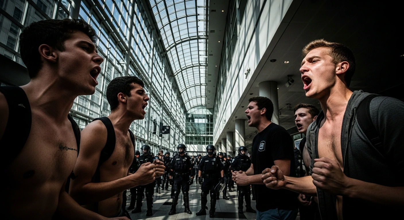 Shirtless members of the Indian Youth Congress protest at the India AI Impact Summit in New Delhi, criticizing Prime Minister Modi and the government over national interests, the India-U.S. trade deal, and unemployment, with police officers visible in the background.