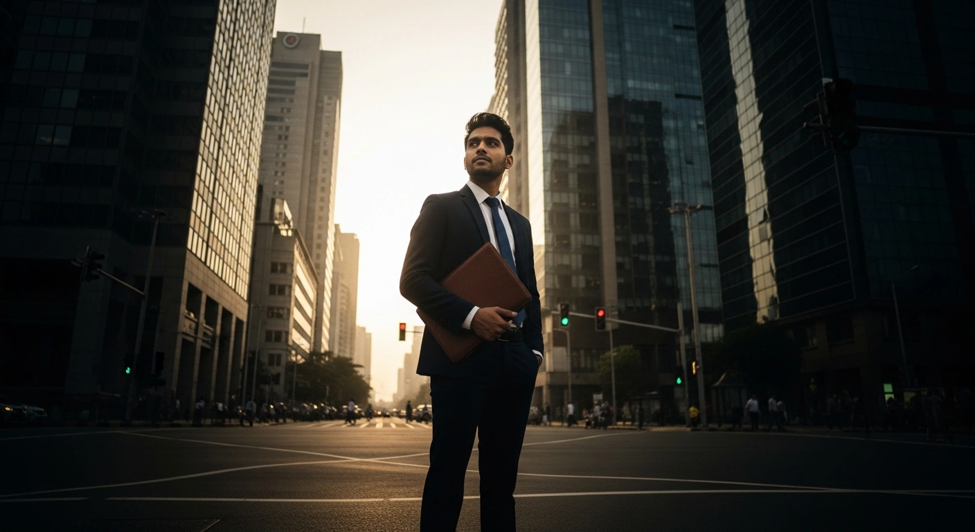 A young Indian graduate stands in a busy city center, representing the challenge of finding high-quality employment for educated youth in the Indian labor market.