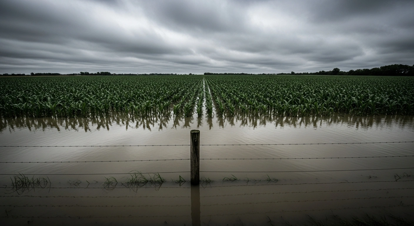 A flooded cornfield in Indiana shows significant crop damage following excessive rainfall, leading to a natural disaster declaration by the USDA.