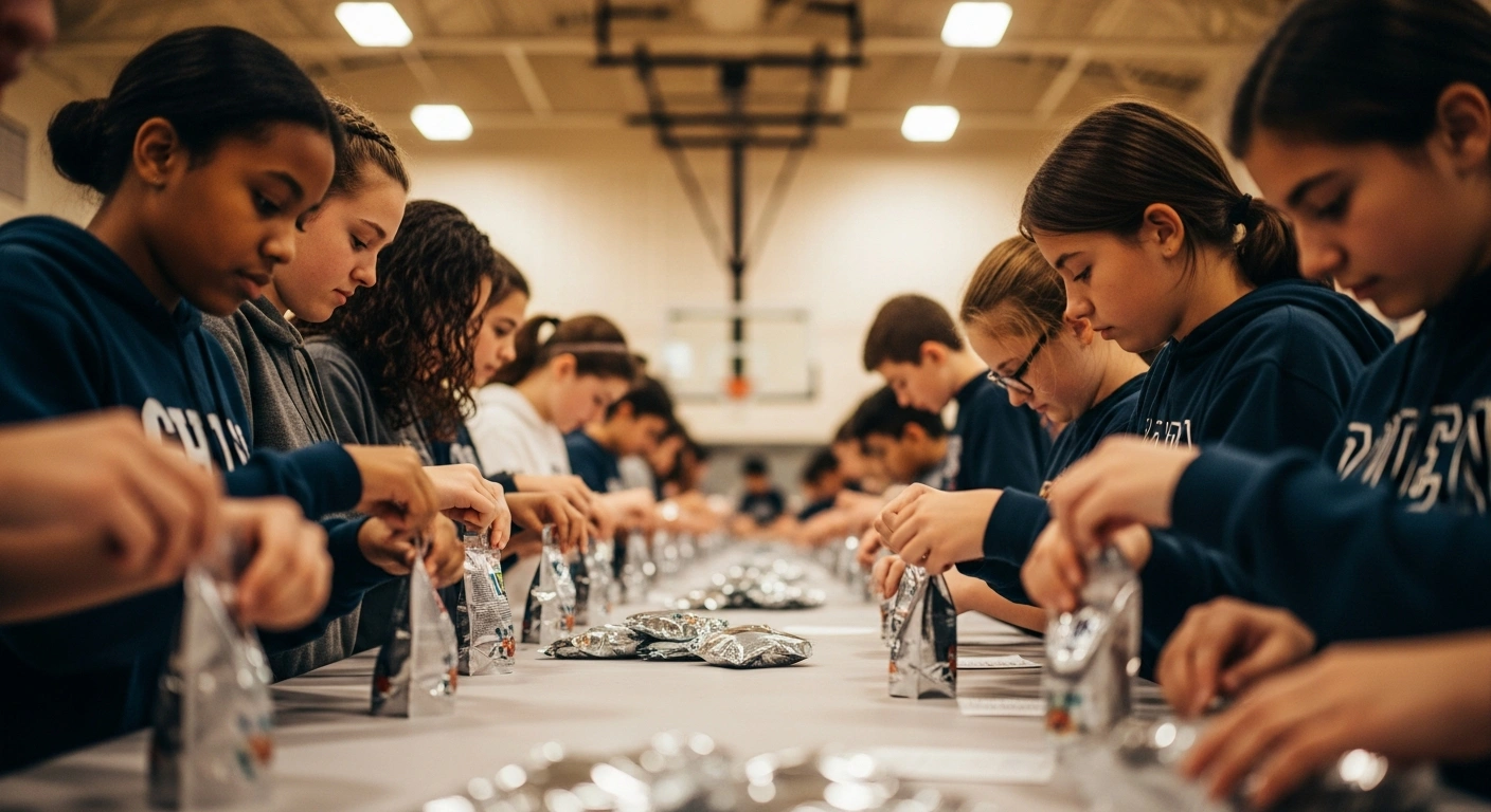 Students from Northwest Middle School in Indianapolis are diligently packing food pouches in a school gymnasium, volunteering to prepare 20,000 meals for children in Haiti as part of their International Baccalaureate program and a collaboration with Kids Against Hunger and Mission of Hope.