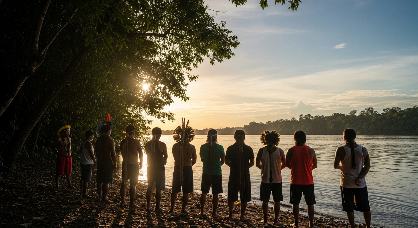 Indigenous community members stand triumphantly by the wide Tapajos River at golden hour, celebrating the Brazilian government's revocation of a decree that threatened Amazonian waterways, following their protests.