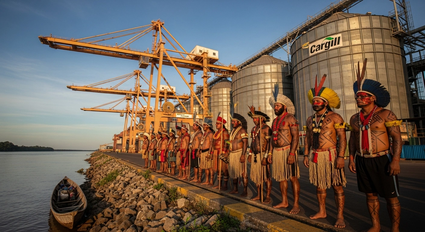 Munduruku indigenous people, in traditional attire, stand defiantly at the edge of a Cargill shipping terminal in the Amazon during golden hour, protesting against government decrees prioritizing cargo navigation and port expansion that threaten their way of life and the environment.