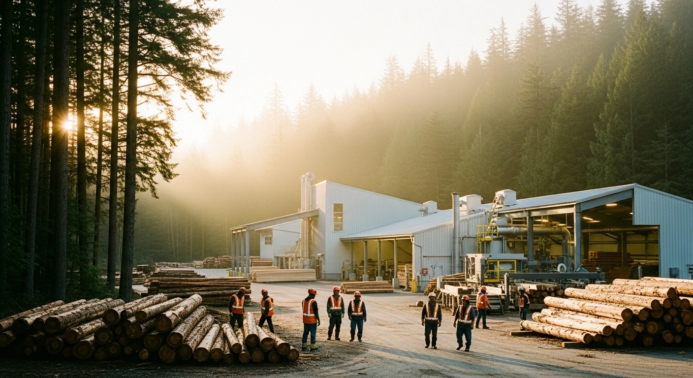 Indigenous workers operate a modern wood processing facility in a sustainable forestry operation located in coastal British Columbia.