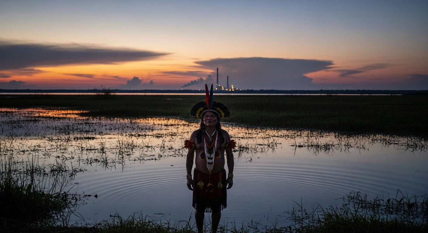 An Indigenous leader stands defiantly in the foreground of the threatened Pantanal wetlands at dusk, gazing towards a distant, subtly glowing industrial complex, symbolizing the environmental impact of corporate sponsorship like BP's.