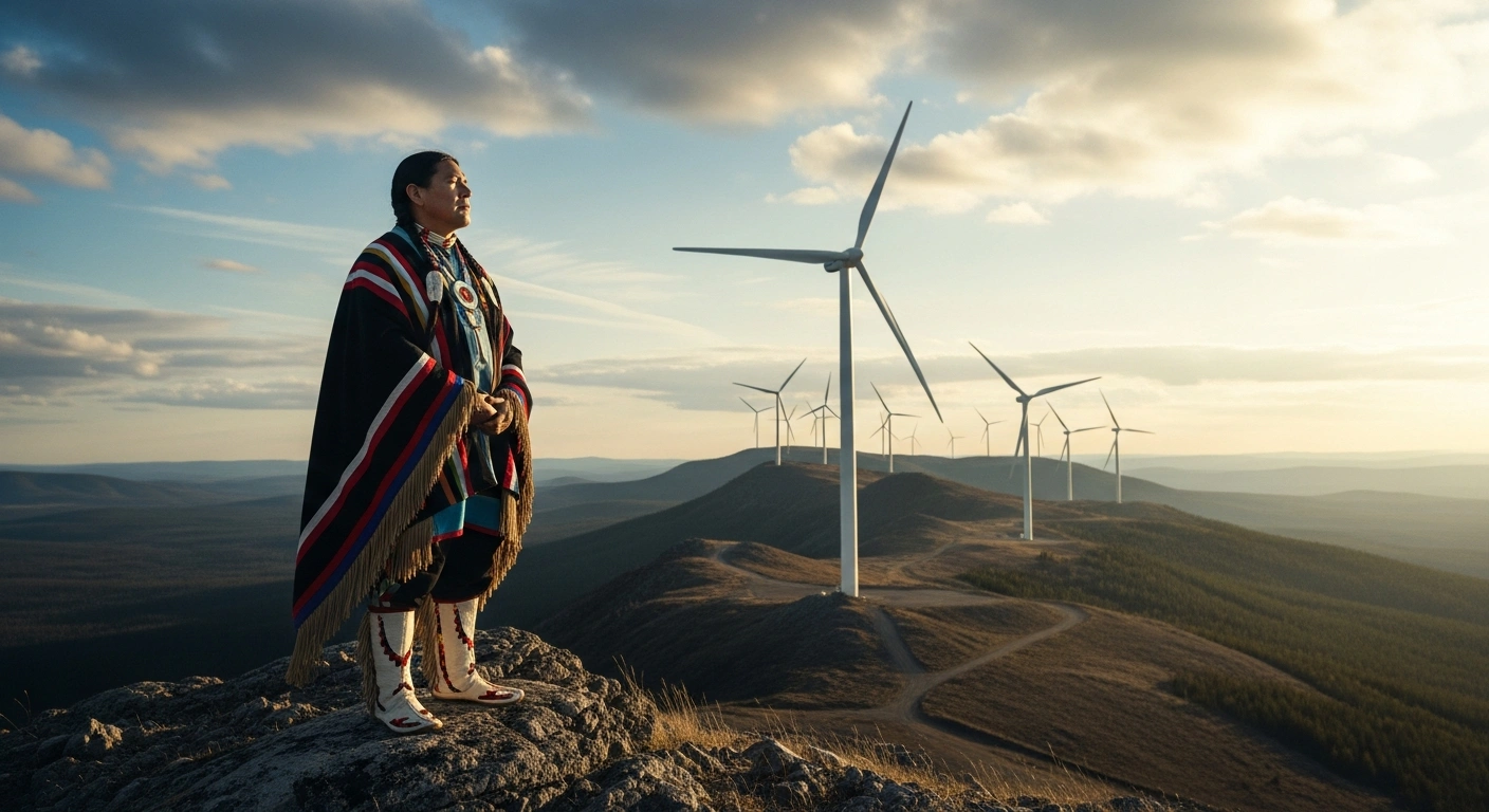 An Indigenous leader stands on a ridge overlooking a Canadian landscape featuring wind turbines to represent Indigenous-led climate and energy research.