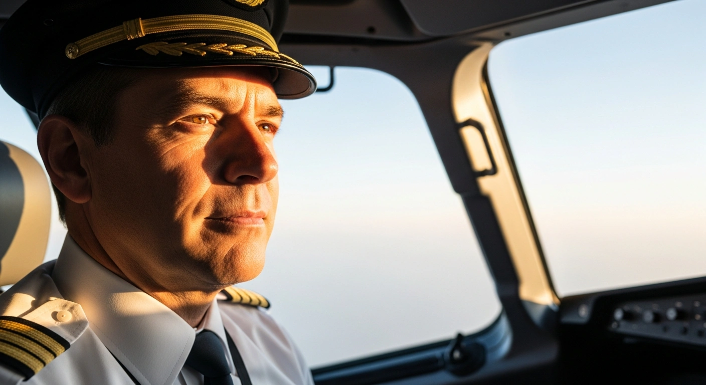 A seasoned airline pilot, illuminated by the golden glow of a rising sun through the cockpit window, looks serene and focused, symbolizing enhanced aviation safety and reduced pilot fatigue following new Flight Duty Time Limitation (FDTL) norms implemented by IndiGo.